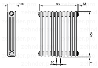 Схема (чертеж) Радиатор Zehnder Charleston 3100/10 №5410 Белый глянцевый RAL 9016